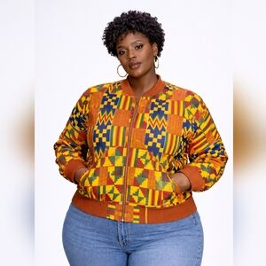 African Kente Bomber Jacket – Women’s XL | Zip-Up Ankara Print Jacket